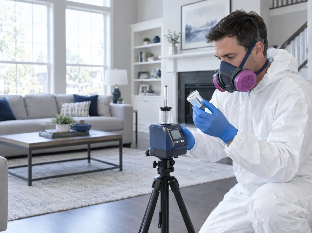 Mold specialist in protective gear taking an air sample in a bright living room