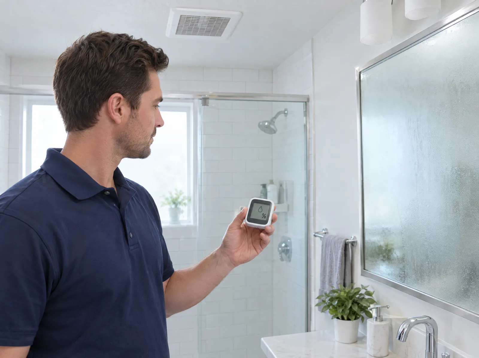 Checking bathroom humidity with a hygrometer