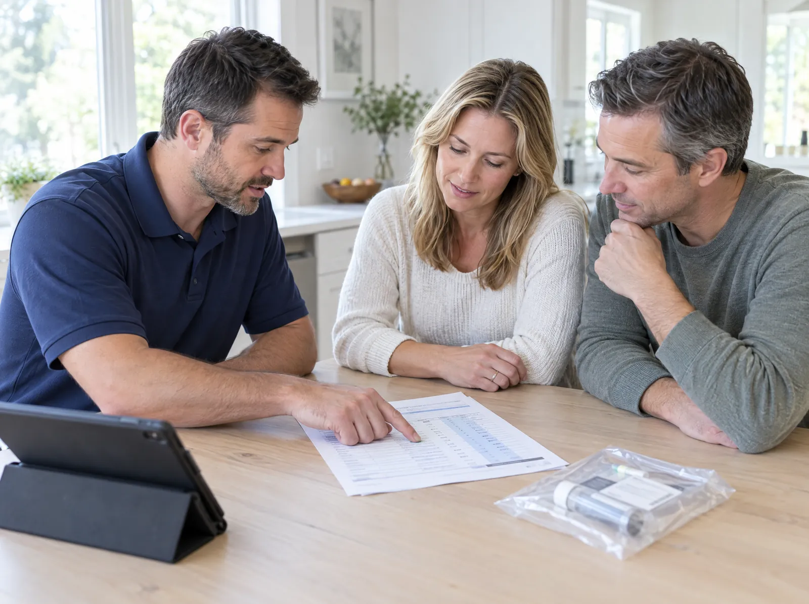 Mold specialist reviewing clearance lab results with homeowners at their kitchen table