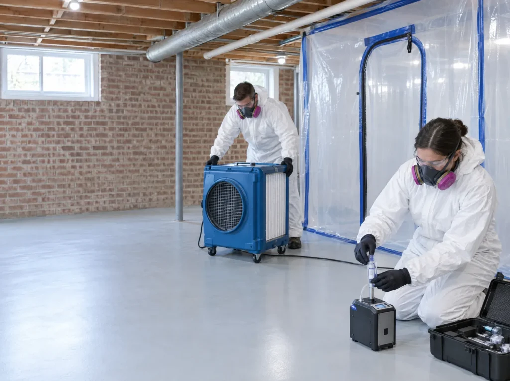 Technicians setting up containment, a HEPA air scrubber and air sampling in a basement