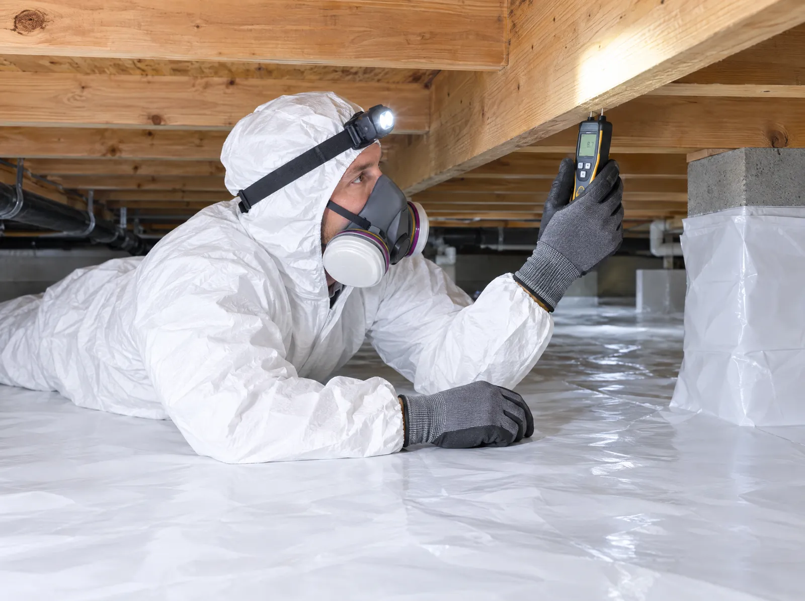 Technician checking crawlspace floor joists with a moisture meter