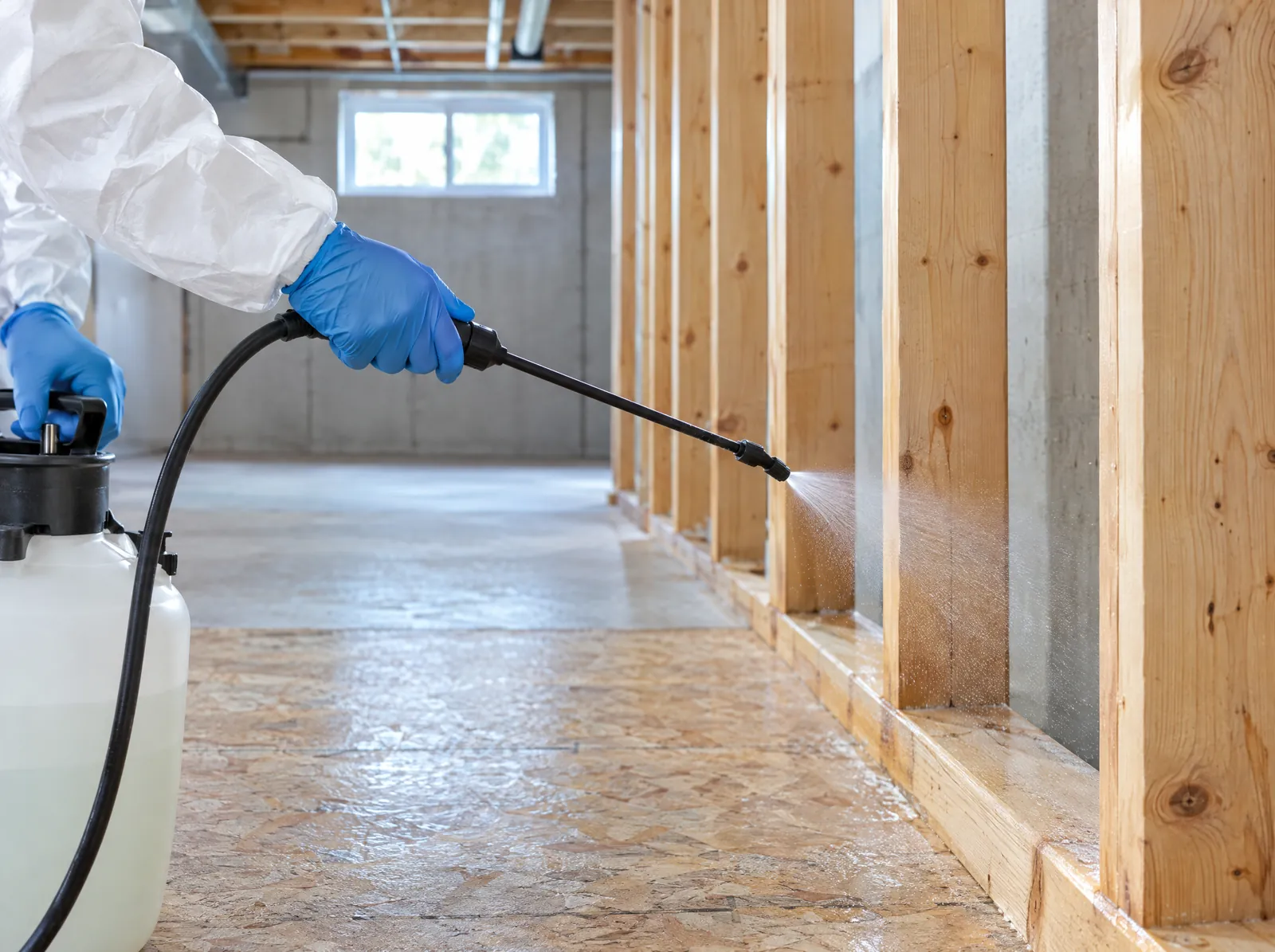 Technician applying a plant-based enzyme treatment to basement framing