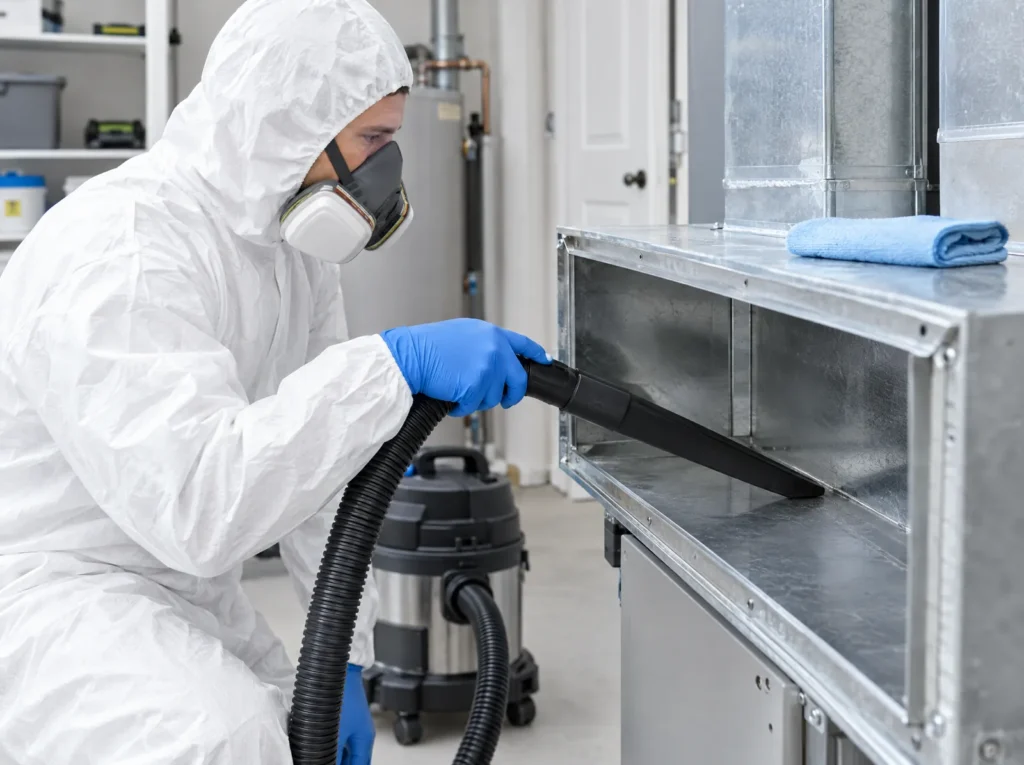 Technician HEPA vacuuming the inside of an HVAC supply duct