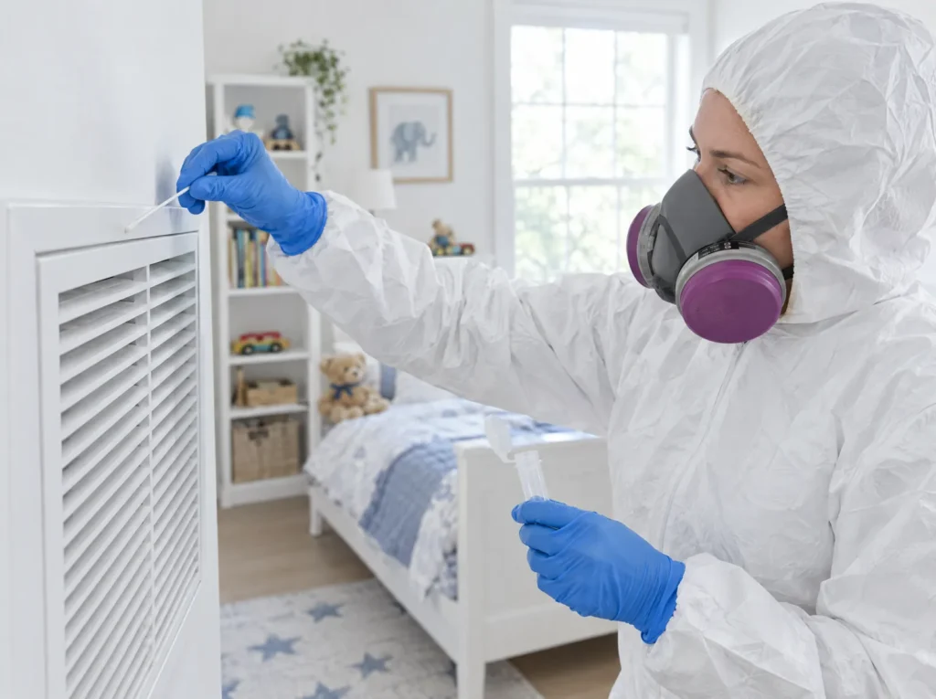 Mycotoxin specialist collecting a dust sample from an air return in a child's bedroom