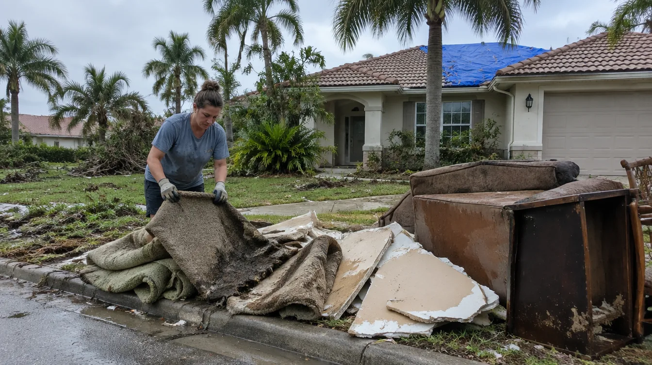 Homeowner sorting flood-soaked carpet and cut drywall at the curb after a hurricane in Southwest Florida