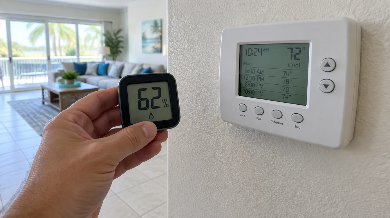 Hygrometer showing 62 percent humidity next to a thermostat in a Florida home